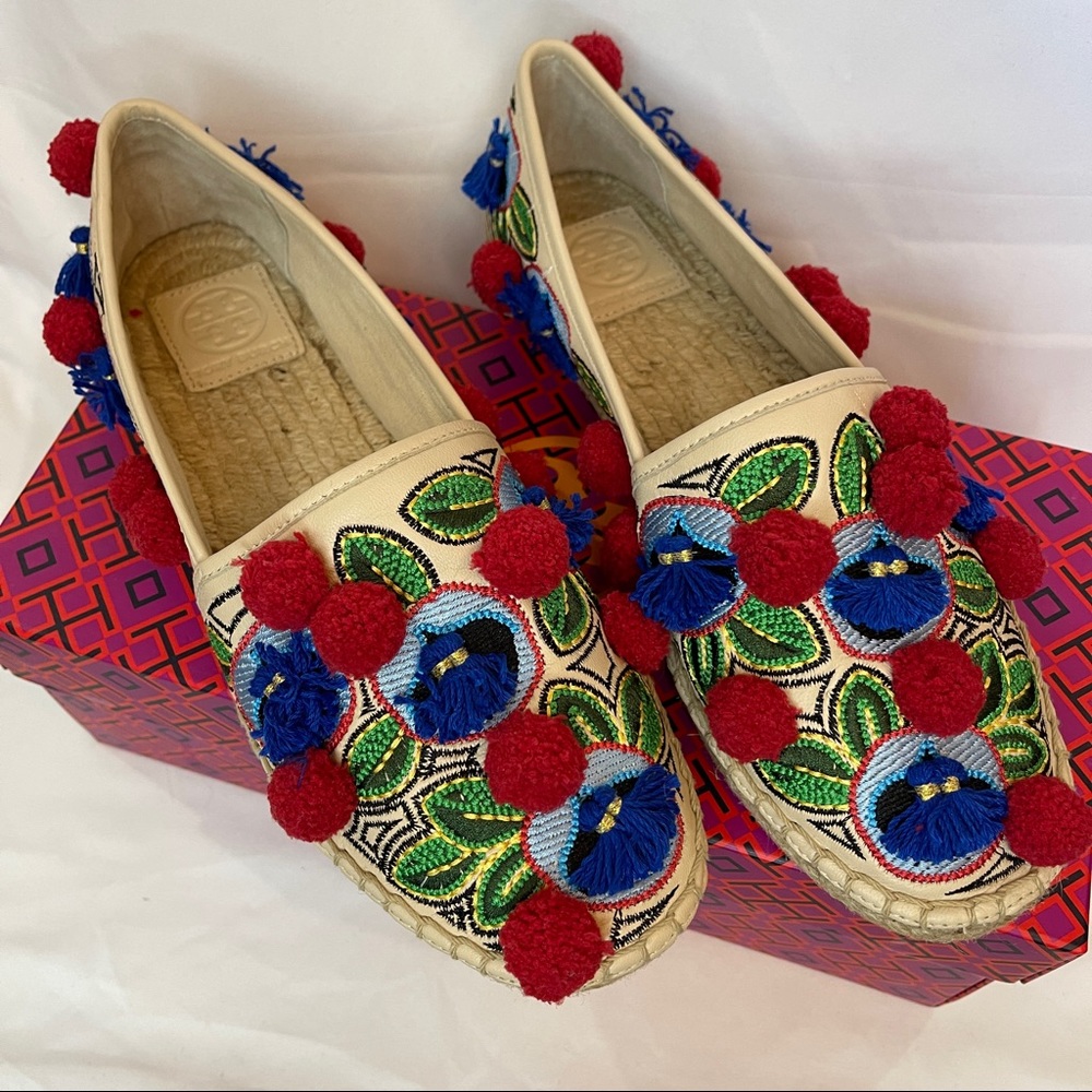 Tory Burch Ellis Pom-pom Embroidered Leather Espadrille Flats